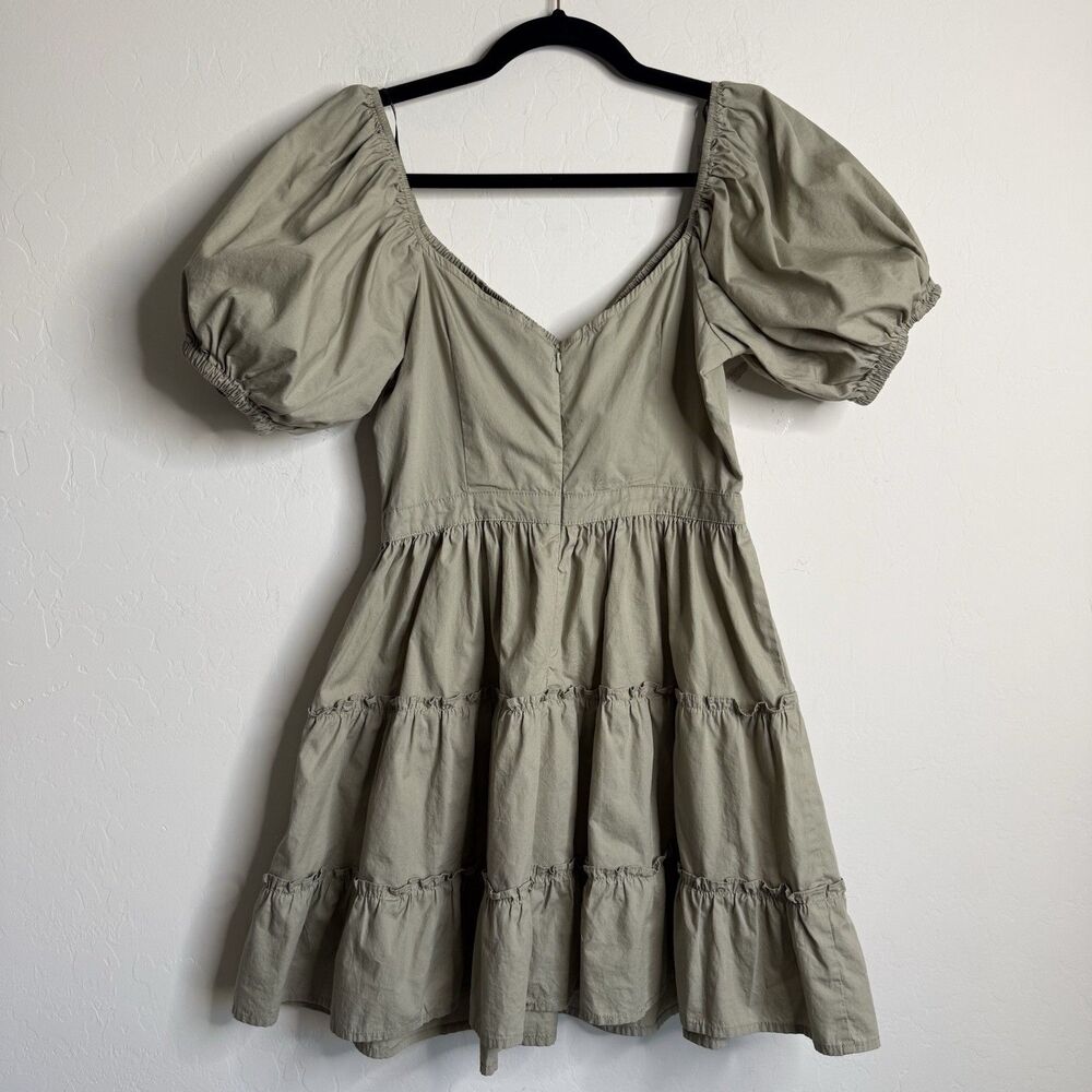 Womens Tiered Babydoll Mini Dress SZ M Sage Green Peasant Milkmaid Cottagecore - Picture 5 of 11